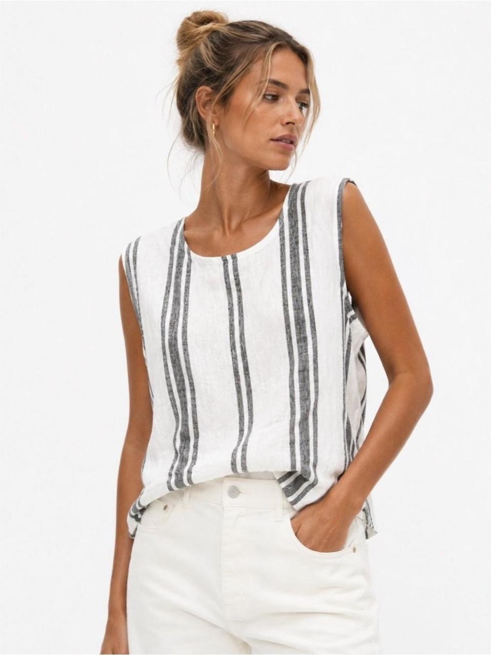 C&C California NWT 100% Linen Striped Tank Top Cream Grey L